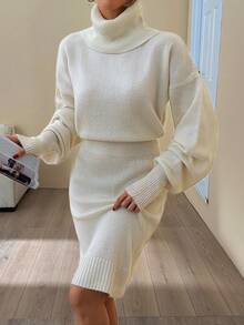EURMUSE Vestido curto casual com gola alta e manga balão, cor sólida, estampa lisa, para outono e inverno, roupas femininas - Bege - Ver 2