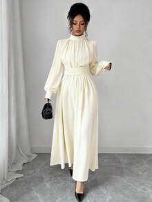 Elenzga Damen Lässig, Pendler, Urlaub, Nachmittagstee, Party einfarbiges braunes Chiffon Stehkragen, locker geschnittenes Kleid mit Kreuzband in Taille, A-Linie, Schleife, Futter, Langarm Maxikleid, Frühling/Herbst/Winter