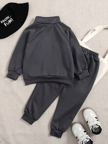 Playful Pals 2 件套小男孩幼儿休闲灰色领半拉链口袋长袖运动衫和松紧袖口裤子，适合户外玩耍或舒适的家居穿着，秋季 - 深灰色 - 查看 2