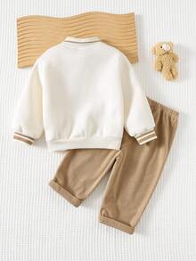 Cozy Pixies 2pcs Baby Boy Cartoon Bear Pattern Knit Soft Crew Neck Long Sleeve Pullover Sweatshirt And Elastic Waist Pants Set Baby Boy Neutral Clothes Mocha Baby Clothes Baby Boy Beige Outfit Baby Casual Sets