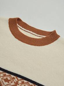 SHEIN Clasi Women's Casual Loose Fit Crew Neck Long Sleeve Jacquard Knit Sweater, Retro Fair Isle Pattern, Autumn/Winter - Camel - View 10