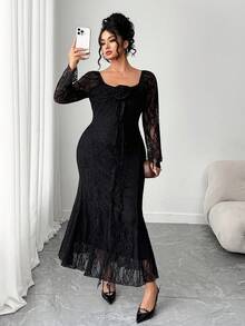 Elenzga Váy ren thanh lịch cỡ lớn dành cho nữ với họa tiết hoa 3D và viền đuôi cá - màu đen - Xem 5