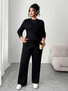 Elenzga Conjunto de suéter y pantalones de chándal de unicolor simple para uso diario y casual para mujer de talla grande, otoño - Negro - Ver 5