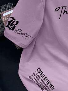 Manfinity Roughcore Plus Size Men Casual Slogan Print Round Neck Short Sleeve T-Shirt - Pink - View 3