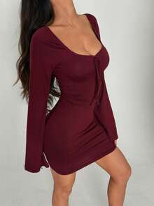 FavEase Đầm ôm sát cổ vuông tay loe, thường ngày cho mùa xuân và mùa thu - Màu Đỏ Sâu - Xem 5