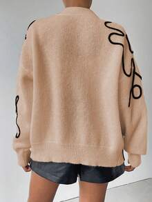 SHEIN LUNE Cardigan Wanita Lengan Panjang Leher V Elegan dengan Kancing Depan dan Bordir - Unta - View 2