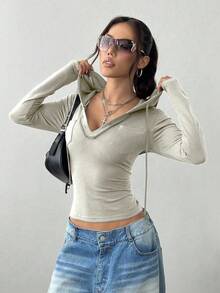 StreetHx Áo nỉ có mũ trùm đầu cổ chữ V dài tay đơn sắc dành cho nữ - Màu Khaki - Xem 6