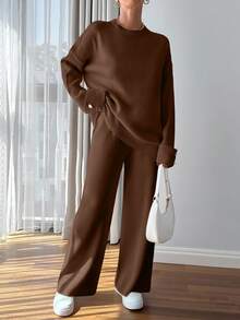 EURMUSE Plus Size Women Button Detail Sweater And Knit Pants Casual Set - Brown - View 3