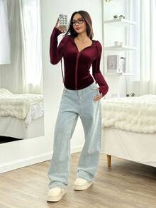 SHEIN EZwear 秋冬女装酒红色前拉链长袖简约休闲天鹅绒修身连帽外套 - 酒紅色 - 查看 6