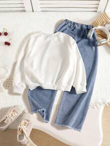 Genkimix Kids مجموعة من قميص ثقيل رقبة طاقم مع نمط الفيونكة وبنطال جينز ممزق للفتيات المراهقات، 2 قطعة