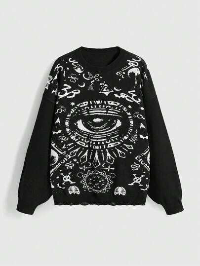 Goth Plus Size Dark Truth Eye Graphic Loose Fit Long Sleeve Knit Pullover, Autumn/Winter