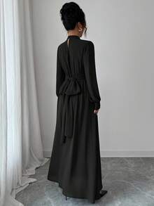 Elenzga Váy maxi dài tay dáng chữ A, dáng thường ngày, đi làm, đi nghỉ, tiệc trà chiều, dự tiệc, chất liệu voan màu nâu trơn, cổ đứng, thắt chéo, eo rộng, lót nơ, dành cho nữ, mùa xuân/thu/đông - màu đen - Xem 2
