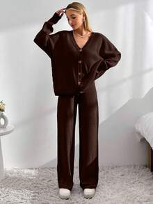 SHEIN Tall Áo khoác cardigan dáng rộng màu trơn đơn giản cho nữ size lớn và quần dệt kim buộc phía trước để mặc hàng ngày - màu nâu - Xem 4