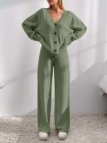EURMUSE Drop Shoulder Cardigan & Tie Front Knit Pants - Olive Green - View 3