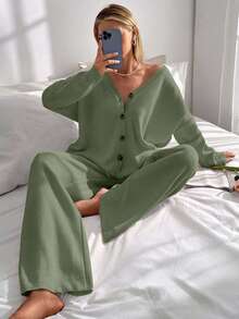 EURMUSE Drop Shoulder Cardigan & Tie Front Knit Pants - Olive Green - View 6