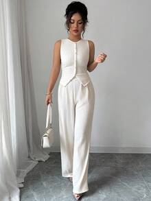 Elenzga 女士时尚纯色纹理两件套，包含无袖圆领纽扣修身背心和高腰宽松直筒裤，优雅通勤风格