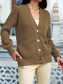 EURMUSE Cardigan donna a maniche corte con bottone frontale, tasche e spalle scivolate, colore unito - Castano - Visualizzare 3