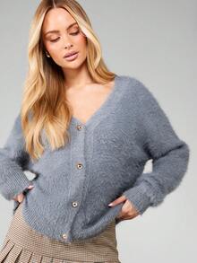 MISSGUIDED 毛绒纽扣前V领长袖开衫，适合秋冬舒适分层穿着 - 灰色 - 查看 4