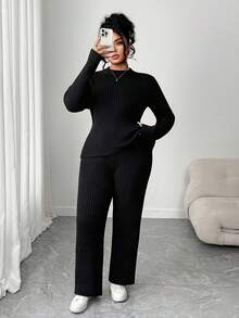 Elenzga Conjunto de suéter y pantalones de chándal de unicolor simple para uso diario y casual para mujer de talla grande, otoño - Negro - Ver 1