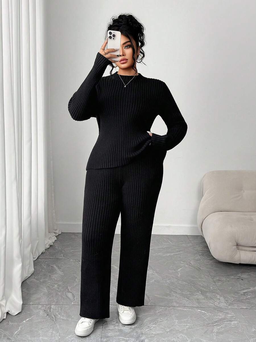 Elenzga Conjunto de suéter y pantalones de chándal de unicolor simple para uso diario y casual para mujer de talla grande, otoño - Negro - Ver 1