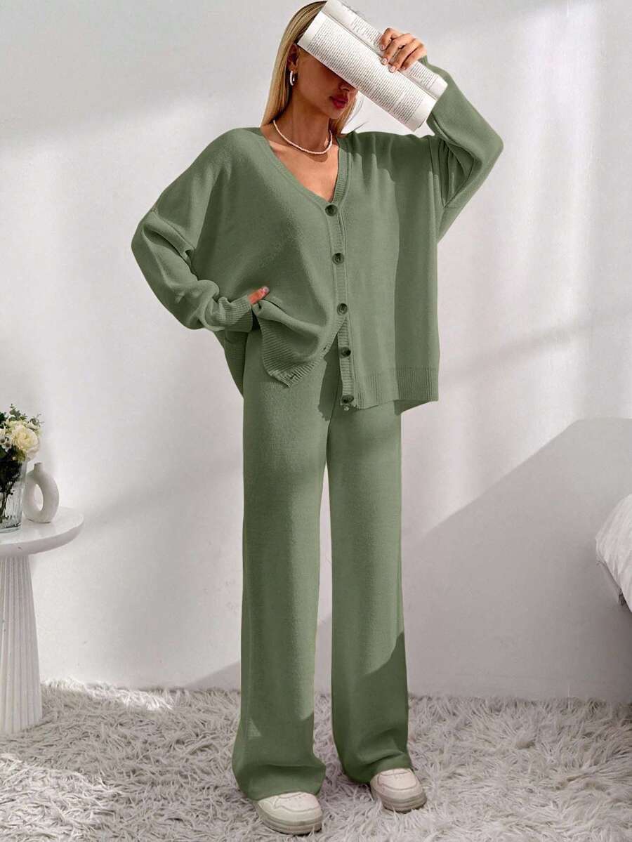 EURMUSE Drop Shoulder Cardigan & Tie Front Knit Pants - Olive Green - View 1