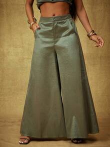 Vixey Olive Solid Taffeta Elastic Waistband Wide Leg Pants, Party Wear, Elegant - Olive Green - View 2