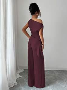 Elenzga 夏季新款韩版女士两件套，适合旅行和摄影，采用华丽深海蓝色不对称肩领上衣和高腰修身休闲裤 - 酒紅色 - 查看 2