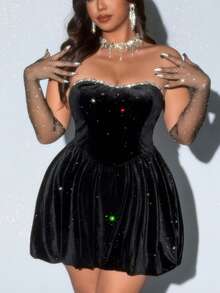 Viva Relle 大码性感露肩褶饰荷叶边连衣裙 - 黑色 - 查看 6