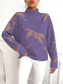 SHEIN LUNE Sweater Lengan Panjang Leher Tinggi Motif Hewan Warna Kontras untuk Wanita - Red Violet - View 3