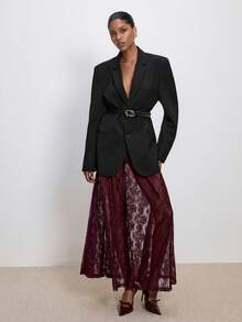 ATUI Studio 女士蕾丝透明性感半身裙，优雅百搭，适合派对、通勤、圣诞节、圣诞派对、婚礼宾客等场合 - 酒紅色 - 查看 4