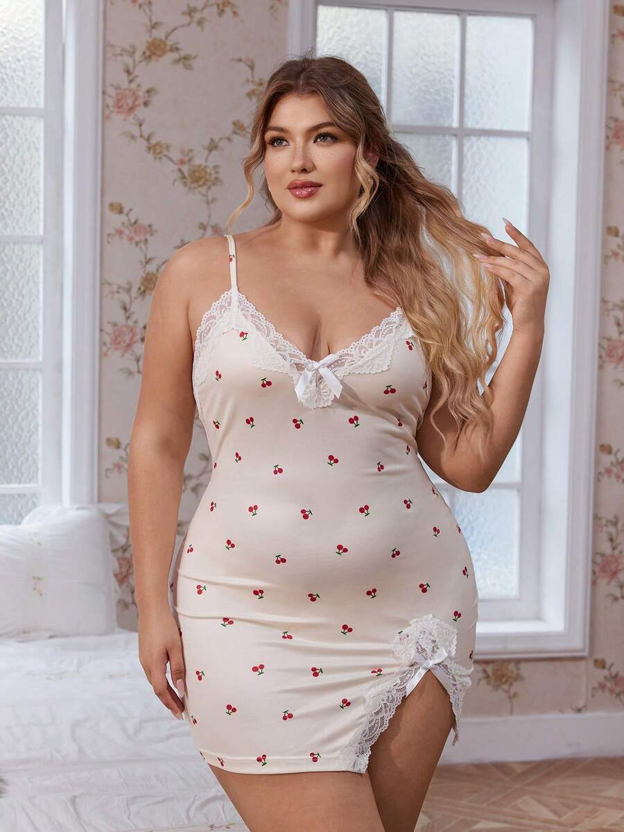CottageSlumber Plus Size Romantic Cherry Print Lace Bow Hem Slit Bodycon Camisole Nightgown - Apricot - View 1
