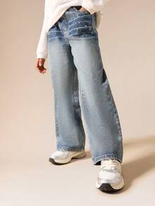 SUMWON Wide Leg Baggy Distressed Denim Jeans With Metal Studs And Faded Wash For Casual Everyday Wear - Medium Wash - View 1