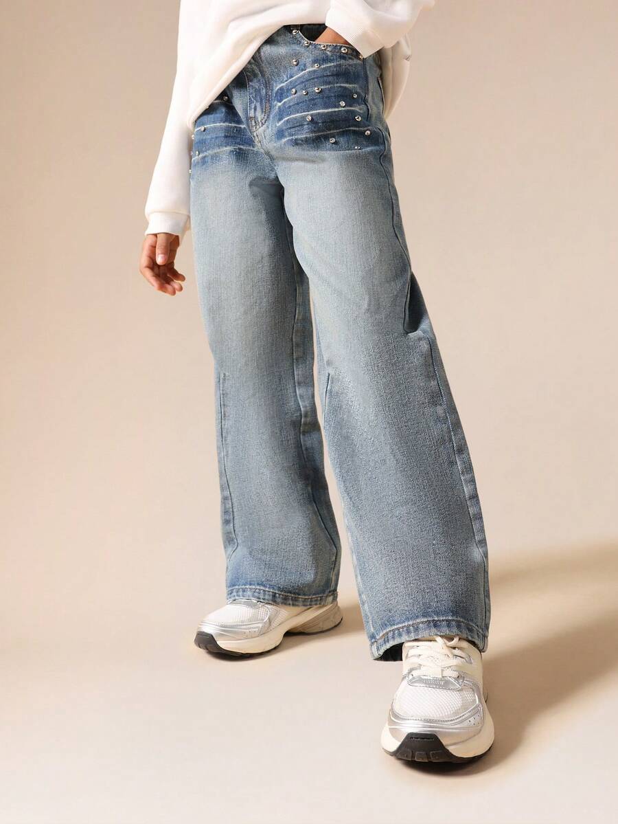 SUMWON Wide Leg Baggy Distressed Denim Jeans With Metal Studs And Faded Wash For Casual Everyday Wear - Medium Wash - View 1
