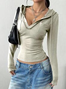 StreetHx Áo nỉ có mũ trùm đầu cổ chữ V dài tay đơn sắc dành cho nữ - Màu Khaki - Xem 5