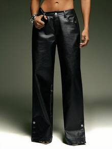 Denimoi Straight Leg Ankle Slit Button Detail Faux Leather Pants Fashionable For Fall And Winter GNO - Black - View 3