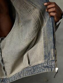 NEON BLANC Men's Distressed Wash Zip-Up Loose Denim Long Sleeve Jacket, For Fall Winter