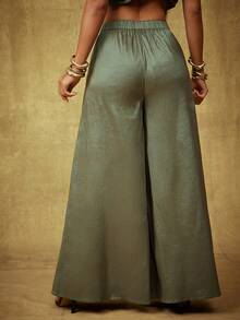 Vixey Olive Solid Taffeta Elastic Waistband Wide Leg Pants, Party Wear, Elegant - Olive Green - View 5