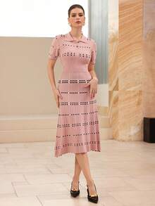Modelyn Women's Polo Collar Plaid Short Sleeve Elegant Knitted Dress - Dusty Pink - View 7