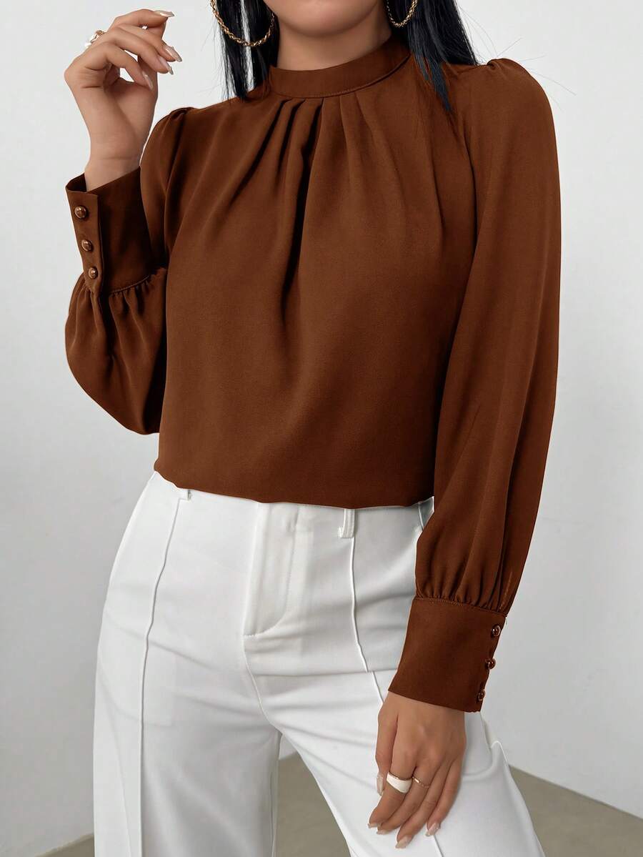 SHEIN LUNE 纯色褶皱立领优雅长袖衬衫 - 咖啡棕 - 查看 1