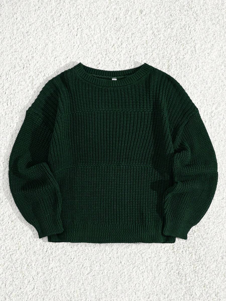 EURMUSE Petite Size Casual Rib Knit Crew Neck Women Sweater - Dark Green - View 1