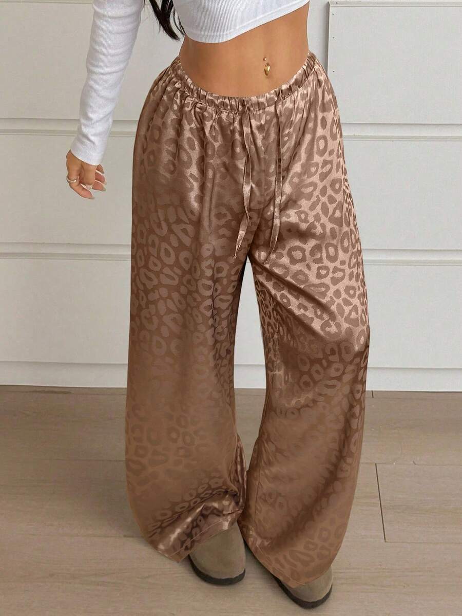 SHEIN EZwear 女式休闲卡其色豹纹抽绳腰宽松阔腿裤 - 卡其色 - 查看 1