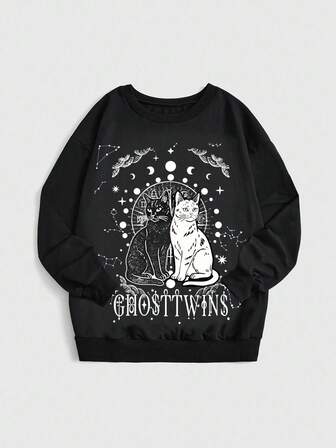 Goth Große Größen Hoodie Sweatshirt mit Motiv von Sonne, Mond, Sternen und Sternzeichen-Katze, Langarm