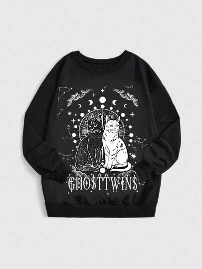 Goth Plus Size Dark Sun, Moon, Star & Zodiac Cat Print Long Sleeve Hoodie Sweatshirt