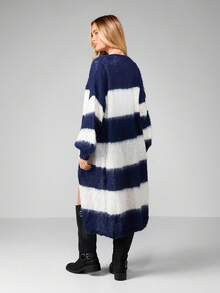 MISSGUIDED Long Striped Open Front Cardigan With Cozy Knit Texture Fall Winter Layering Piece - Blue and White - View 2