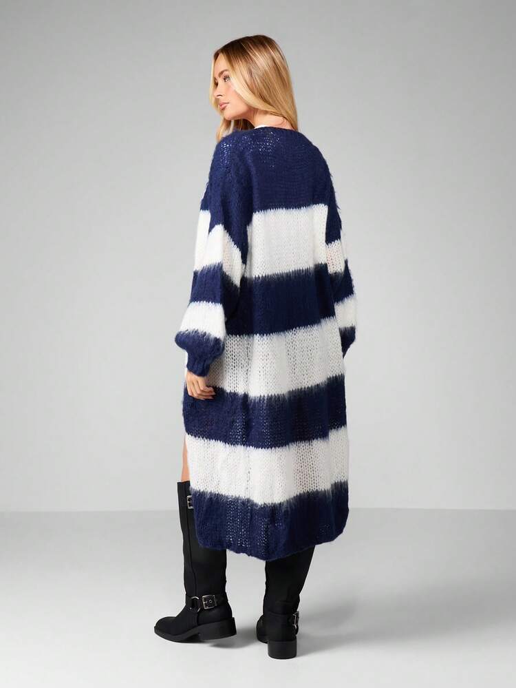 MISSGUIDED Cárdigan largo de rayas con apertura frontal, con textura de punto acogedor, prenda de abrigo para otoño e invierno