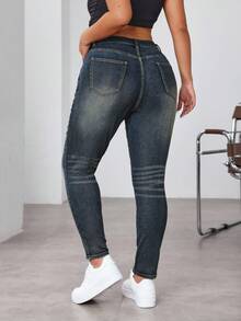 SHEIN EZwear 大码女式休闲高腰紧身牛仔裤，百搭日常通勤 - 藍色 - 查看 2