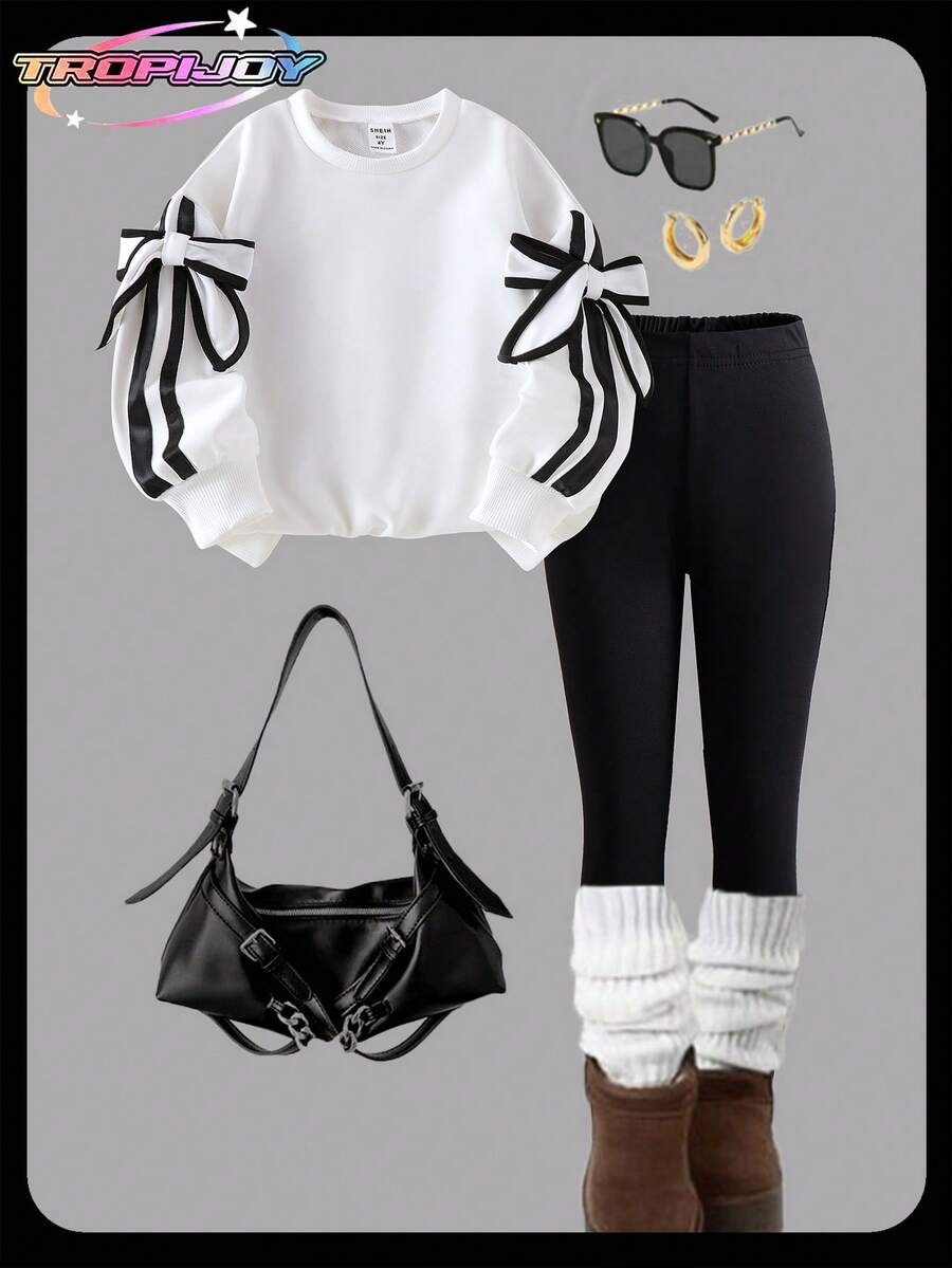 SHEIN 2 件套年轻女孩针织简约 3D 蝴蝶结圆领长袖运动衫和黑色裤子套装，时尚秋季服装 - 白色 - 查看 1
