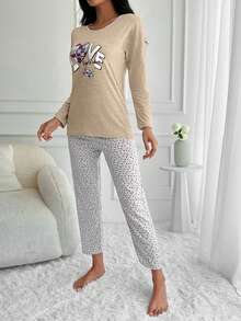 EURMUSE 100%Cotton Heart And Slogan Graphic PJ Set - Krem - View 3