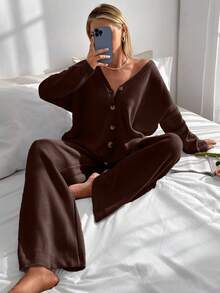 SHEIN Tall Áo khoác cardigan dáng rộng màu trơn đơn giản cho nữ size lớn và quần dệt kim buộc phía trước để mặc hàng ngày - màu nâu - Xem 6