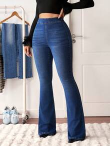 SHEIN Tall Jeans elegantes de cintura alta, ajustados y acampanados versátiles para mujeres altas - Azul lavado oscuro - Ver 4
